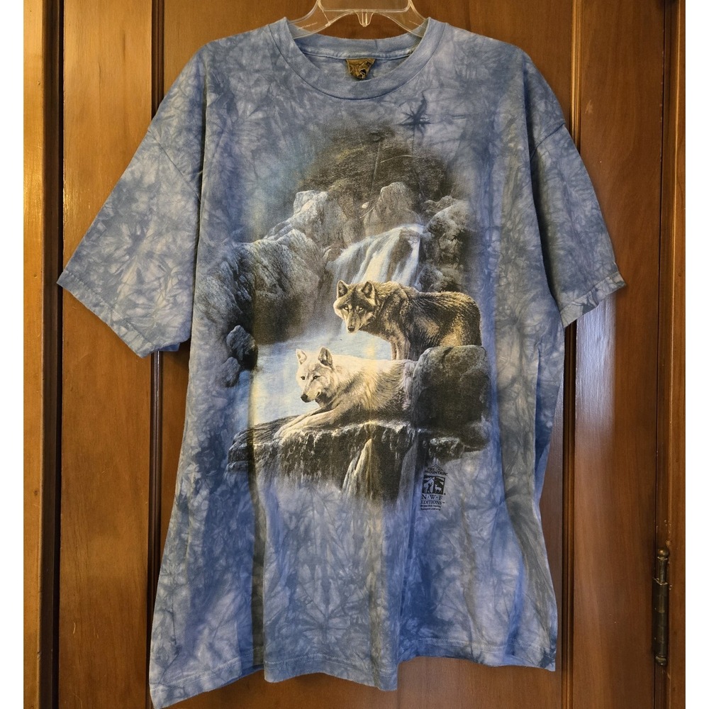 Vintage The Mountain Mens T-Shirt Leather Tag 90s‎ Size XXL Blue Tie Dye Wolves